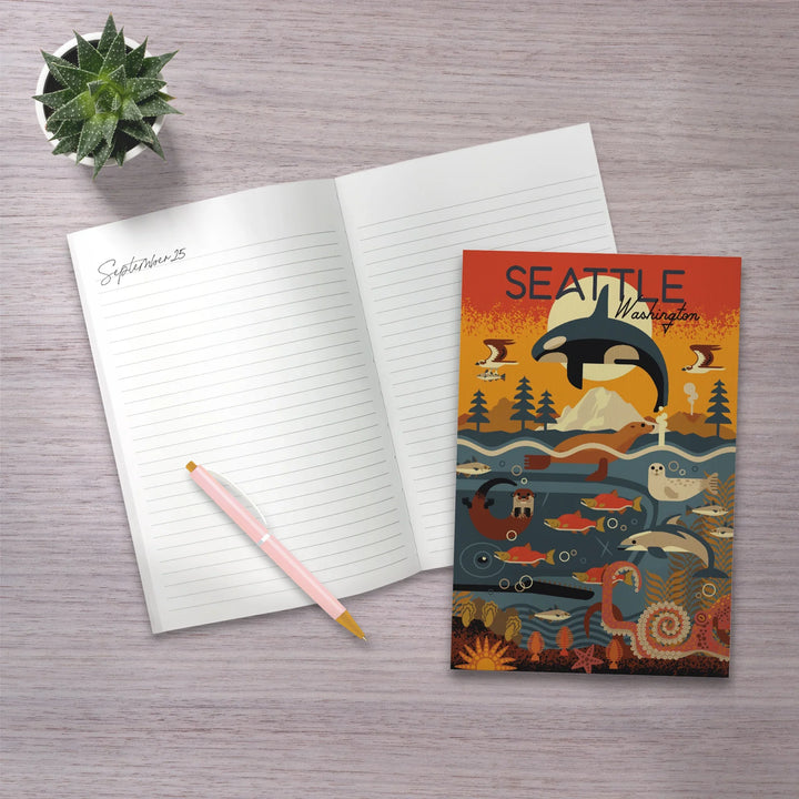 Lined 6x9 Journal, Seattle, Washington, Marine Animals, Geometric, Lay Flat, 193 Pages, FSC paper