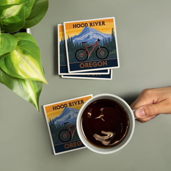 Hood River, Oregon, Mountain Bike Scene, Coaster Set - Lantern Press