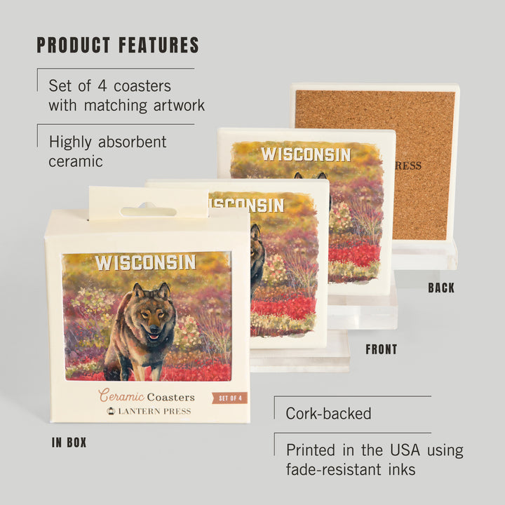 Wisconsin, Watercolor Study, Gray Wolf, Coasters
