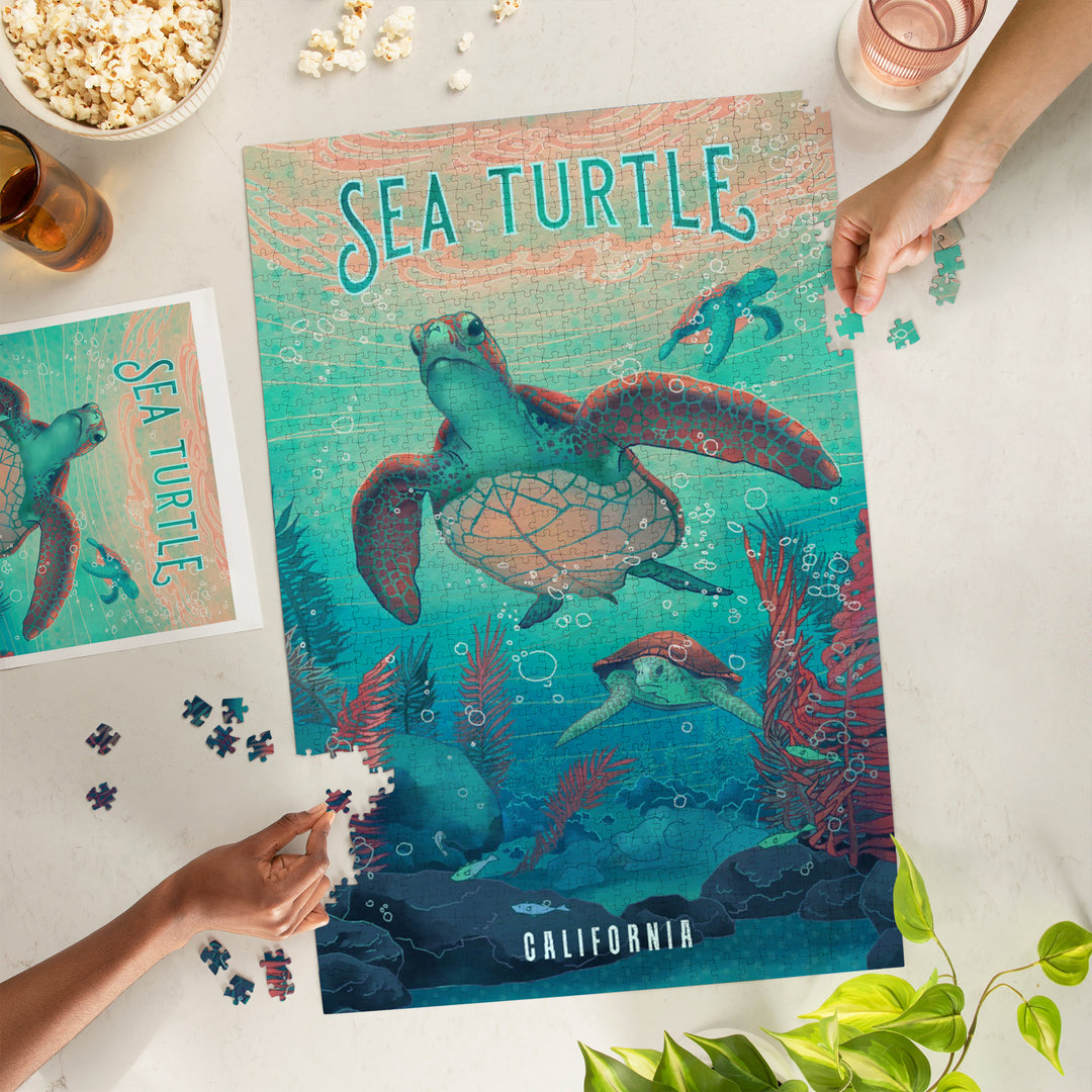 California, Fluid Linework, Sea Turtle, Jigsaw Puzzle - Lantern Press