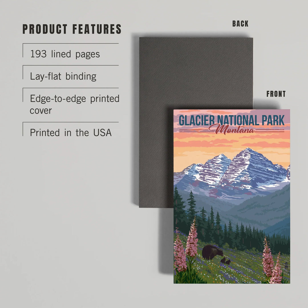 Lined 6x9 Journal, Glacier National Park, Montana, Bear and Spring Flowers, Lay Flat, 193 Pages, FSC paper