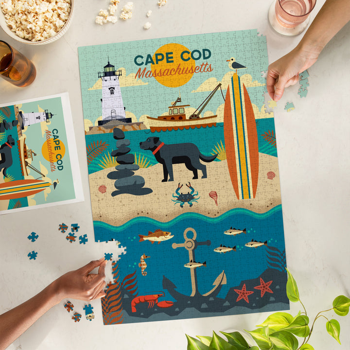 Cape Cod, Massachusetts, Geometric, Beach and Lighthouse, Jigsaw Puzzle