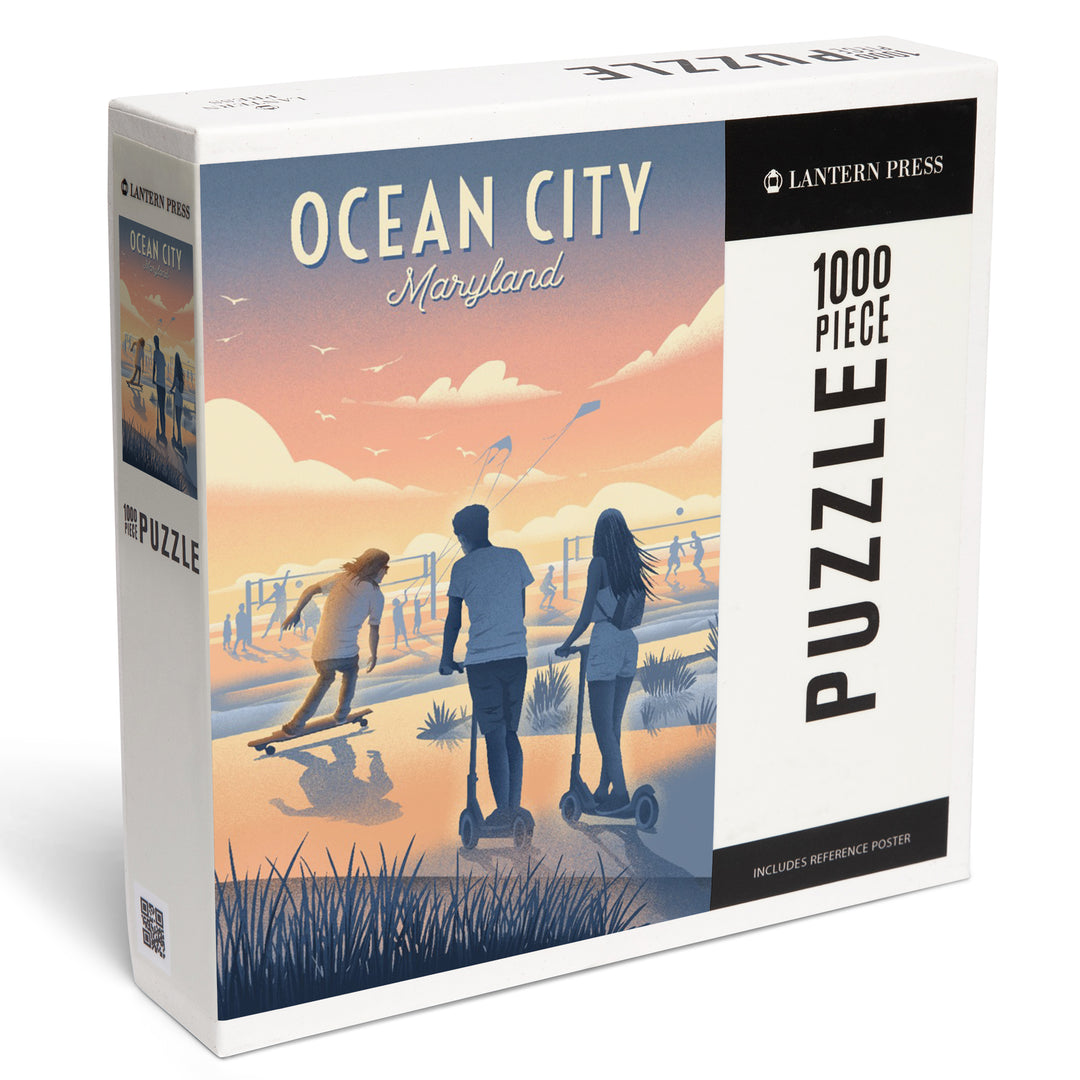 Ocean City, Maryland, Lithograph, Enjoy the Ride, Longboards and Scooters, Jigsaw Puzzle