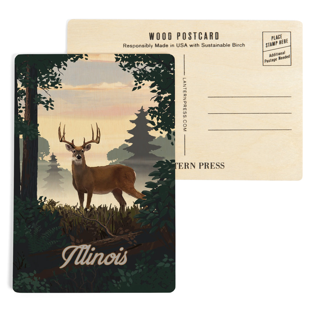Illinois, Painterly, Deer and Sunrise, Wood Sign and Postcards
