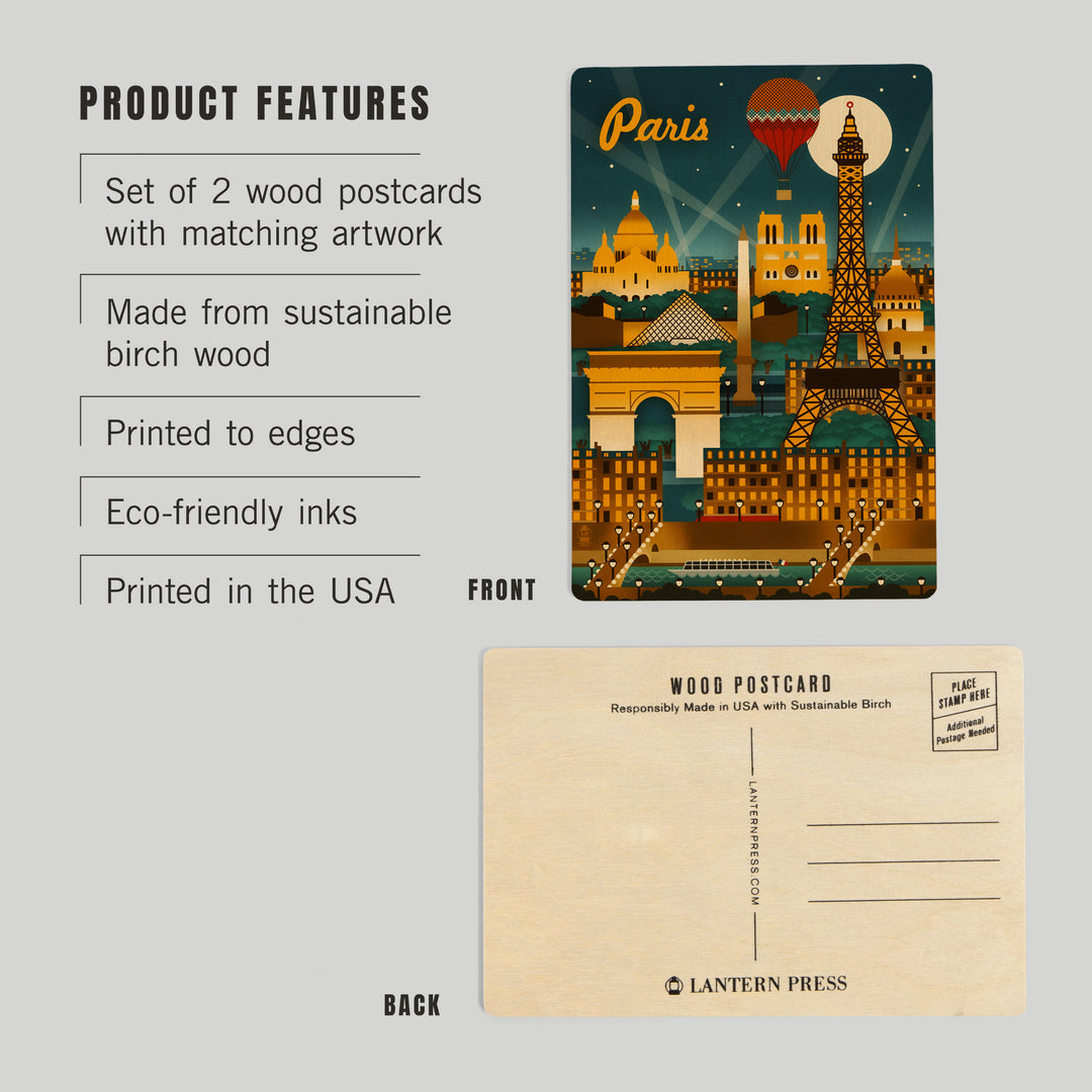 Paris, France, Retro Skyline, Wood Sign and Postcards