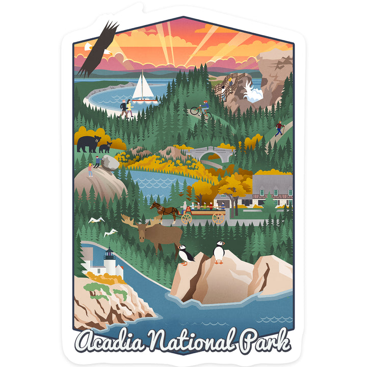 Acadia National Park, Retro View, Contour, Vinyl Sticker