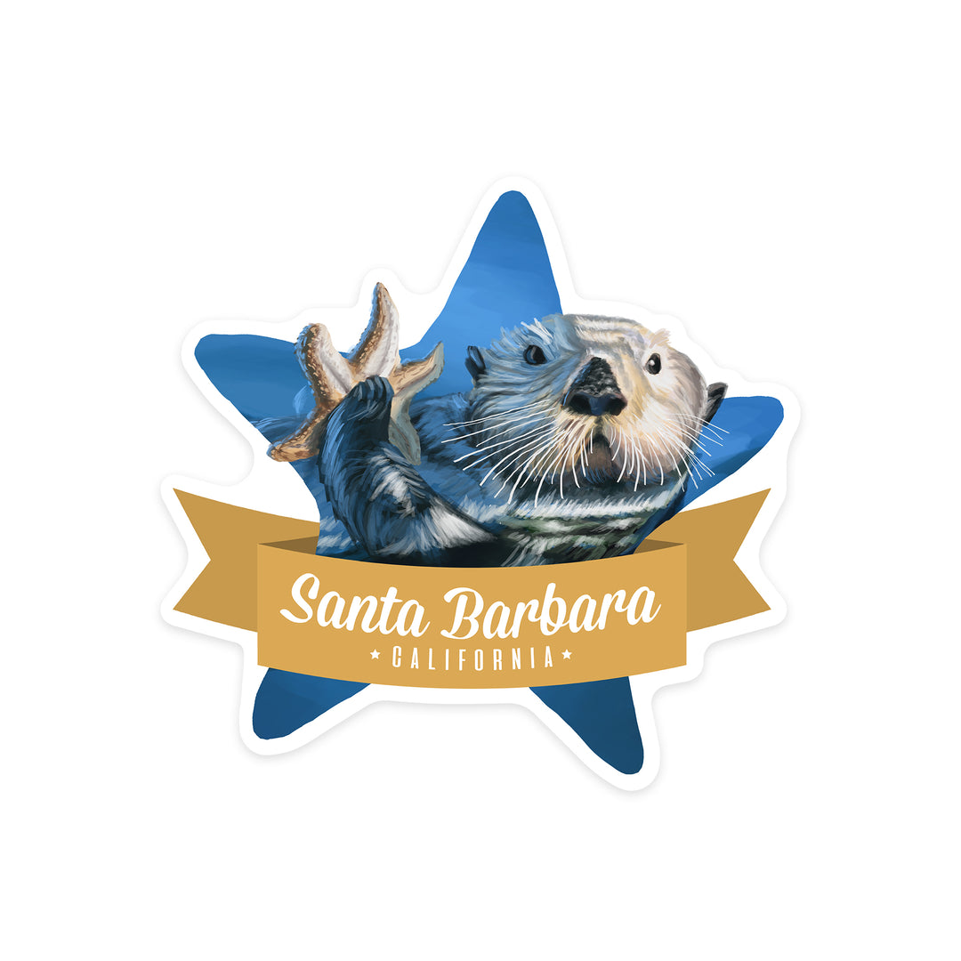 Santa Barbara, California, Otter with Starfish, Contour, Vinyl Sticker