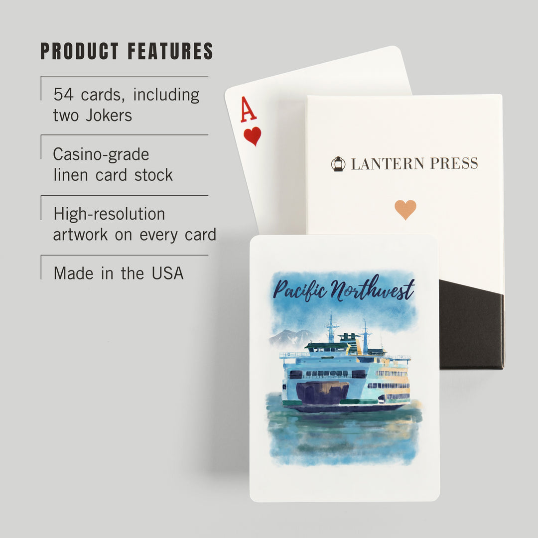 Playing Cards, Pacific Northwest, Ferry, Watercolor, 52 Card Deck with Jokers in Box, Unique Art