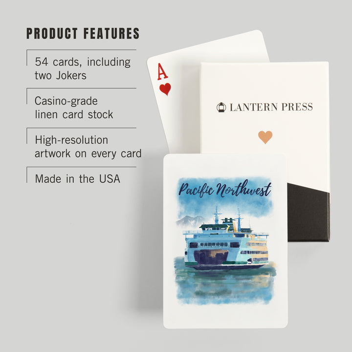 Playing Cards, Pacific Northwest, Ferry, Watercolor, 52 Card Deck with Jokers in Box, Unique Art