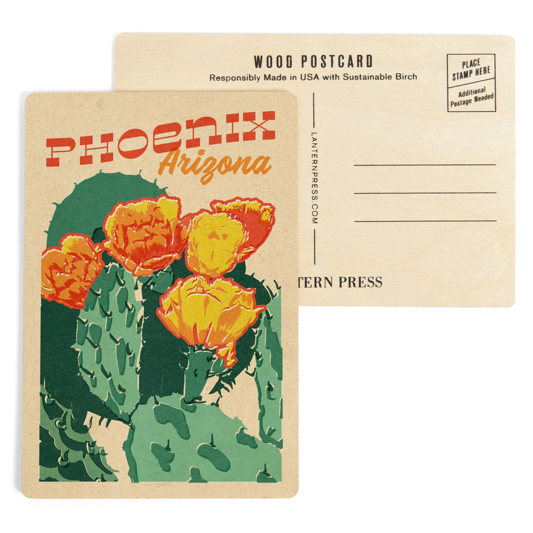 Phoenix, Arizona, Woodblock City Series, Cactus, Wood Sign and Postcards