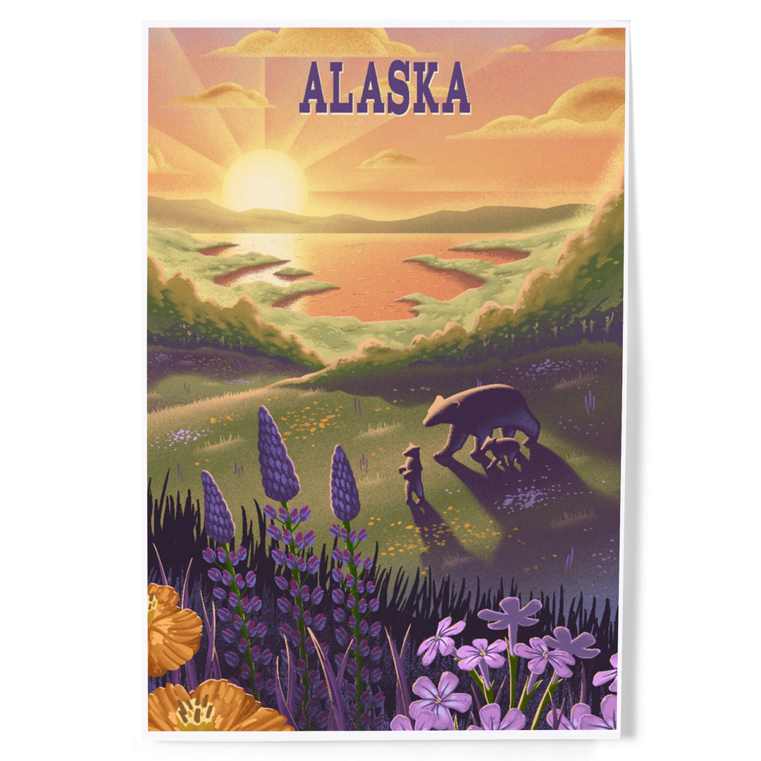 Alaska, Lithograph, Bear and Spring Flowers, Lake, Art & Giclee Prints