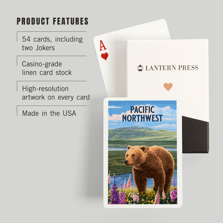 Playing Cards, Pacific Northwest, Painterly, Grizzly Bear in Meadow, 52 Card Deck with Jokers in Box, Unique Art