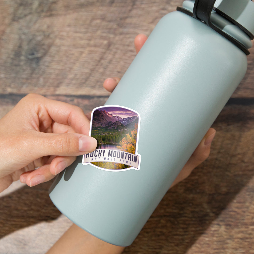 Rocky Mountain National Park, Colorado, Purple Sunset & Lake, Alt Contour, Lantern Press Photography, Vinyl Sticker