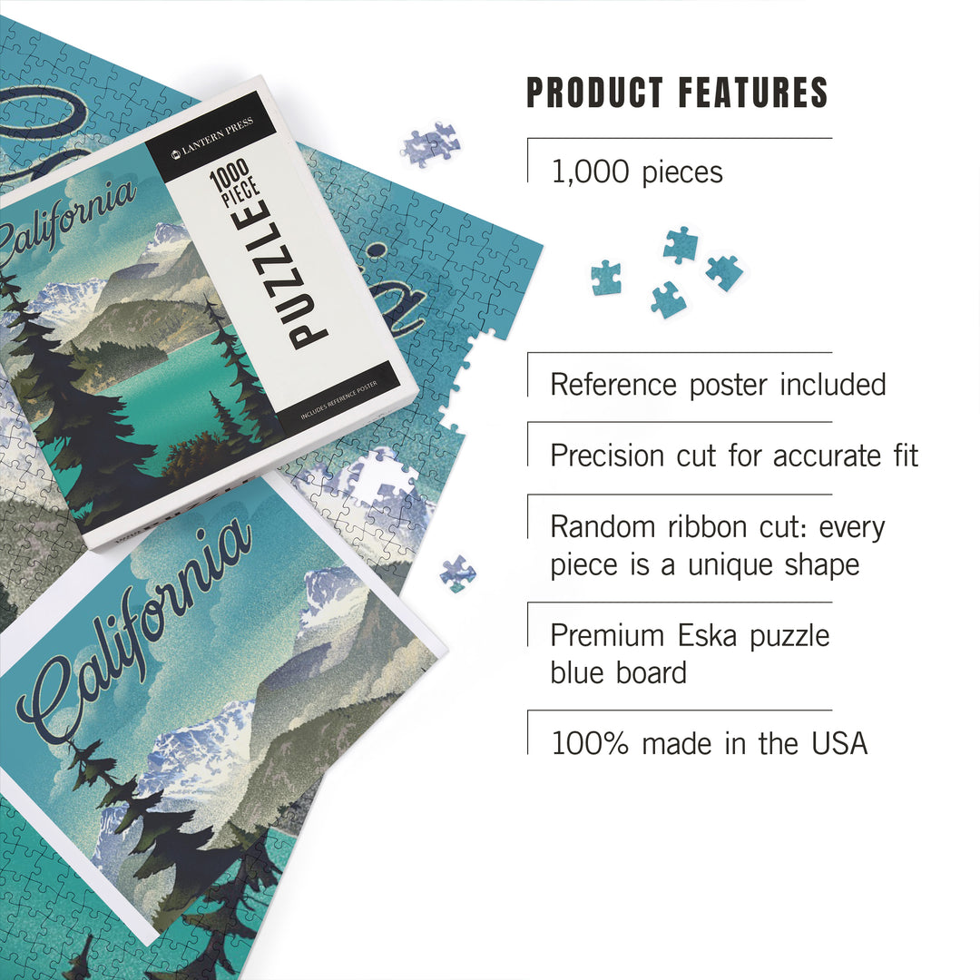 California, Lithograph, Lake and Mountains Scene, 1000 Piece Jigsaw Puzzle