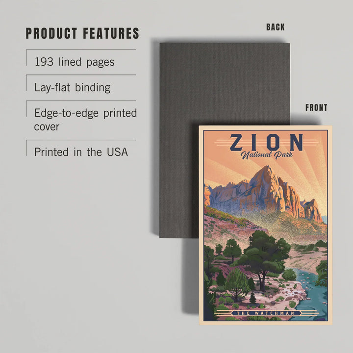 Lined 6x9 Journal, Zion National Park, Utah, The Watchman, Lithograph National Park Series, Lay Flat, 193 Pages, FSC paper