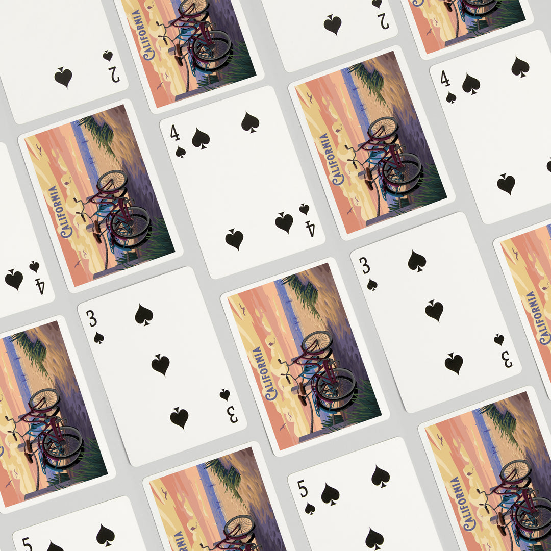 Playing Cards, California, Painterly, The Beach Is Calling, Beach Bikes, 52 Card Deck with Jokers in Box, Unique Art