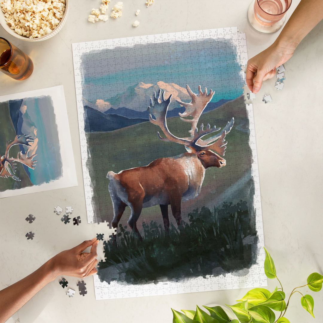 Watercolor Study, Caribou with Mountain, 1000 Piece Jigsaw Puzzle