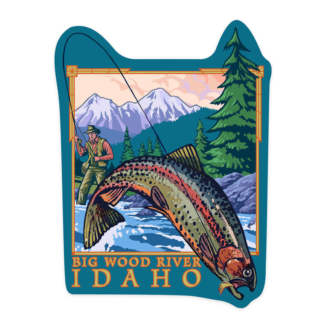 Big Wood River, Idaho, Fly Fisherman, Contour, Lantern Press Artwork, Vinyl Sticker