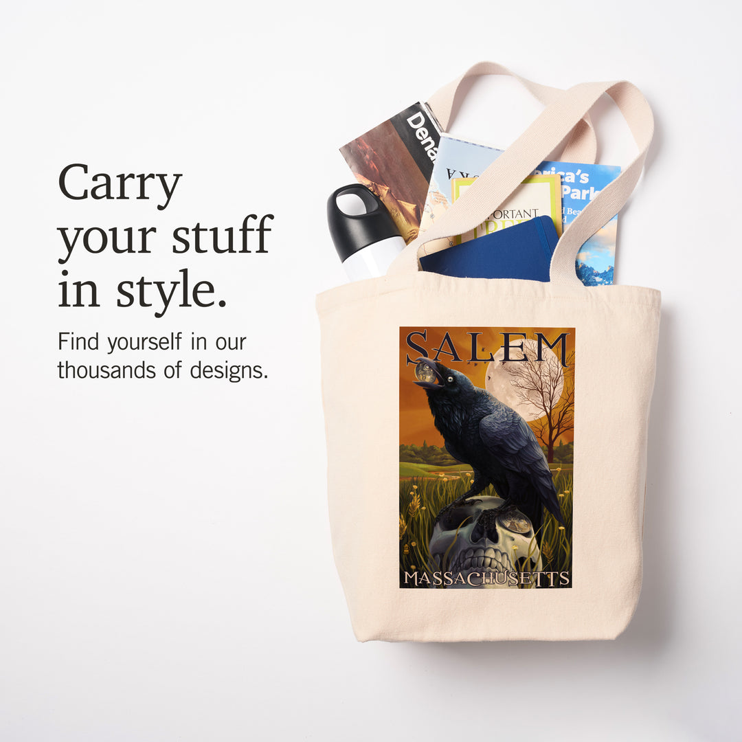 Salem, Massachusetts, Raven and Skull, Lantern Press Poster, Tote Bag