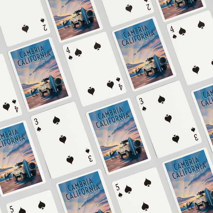 Playing Cards, Cambria, California, Lithograph, Surfers on Beach, 52 Card Deck with Jokers in Box, Unique Art