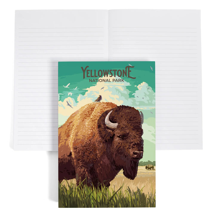 Lined 6x9 Journal, Yellowstone National Park, Wyoming, Painterly, Bison, Lay Flat, 193 Pages, FSC paper