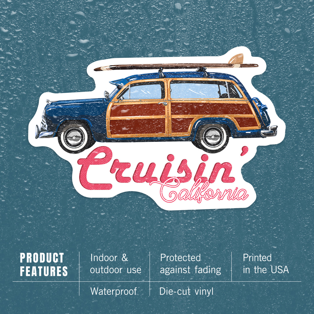 Cruisin' California, Retro Woody & Surfboard, Contour, Lantern Press Artwork, Vinyl Sticker