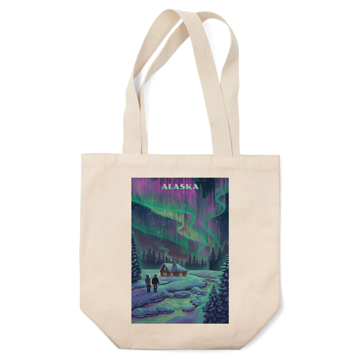 Alaska, Lithograph, Northern Lights and Cabin, Tote Bag