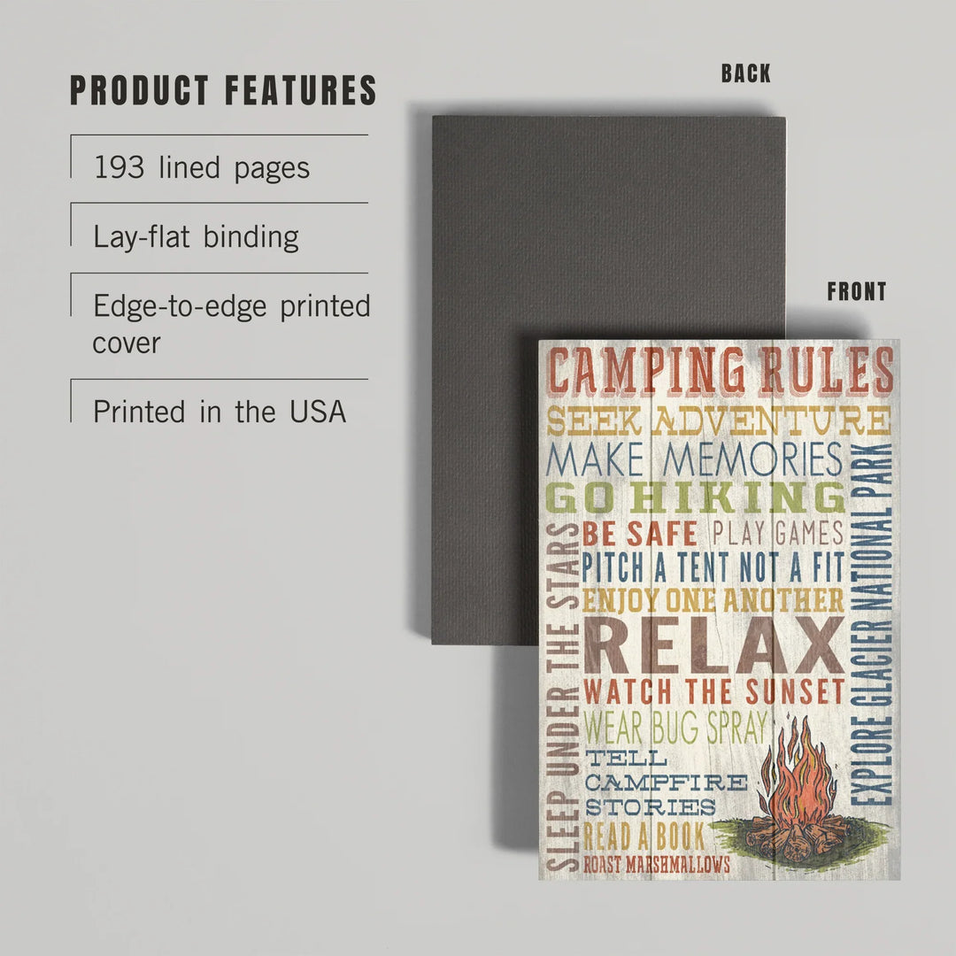 Lined 6x9 Journal, Explore Glacier National Park, Montana, Camping Rules, Rustic, Lay Flat, 193 Pages, FSC paper