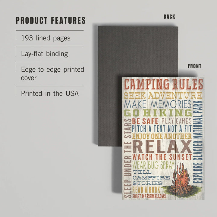 Lined 6x9 Journal, Explore Glacier National Park, Montana, Camping Rules, Rustic, Lay Flat, 193 Pages, FSC paper
