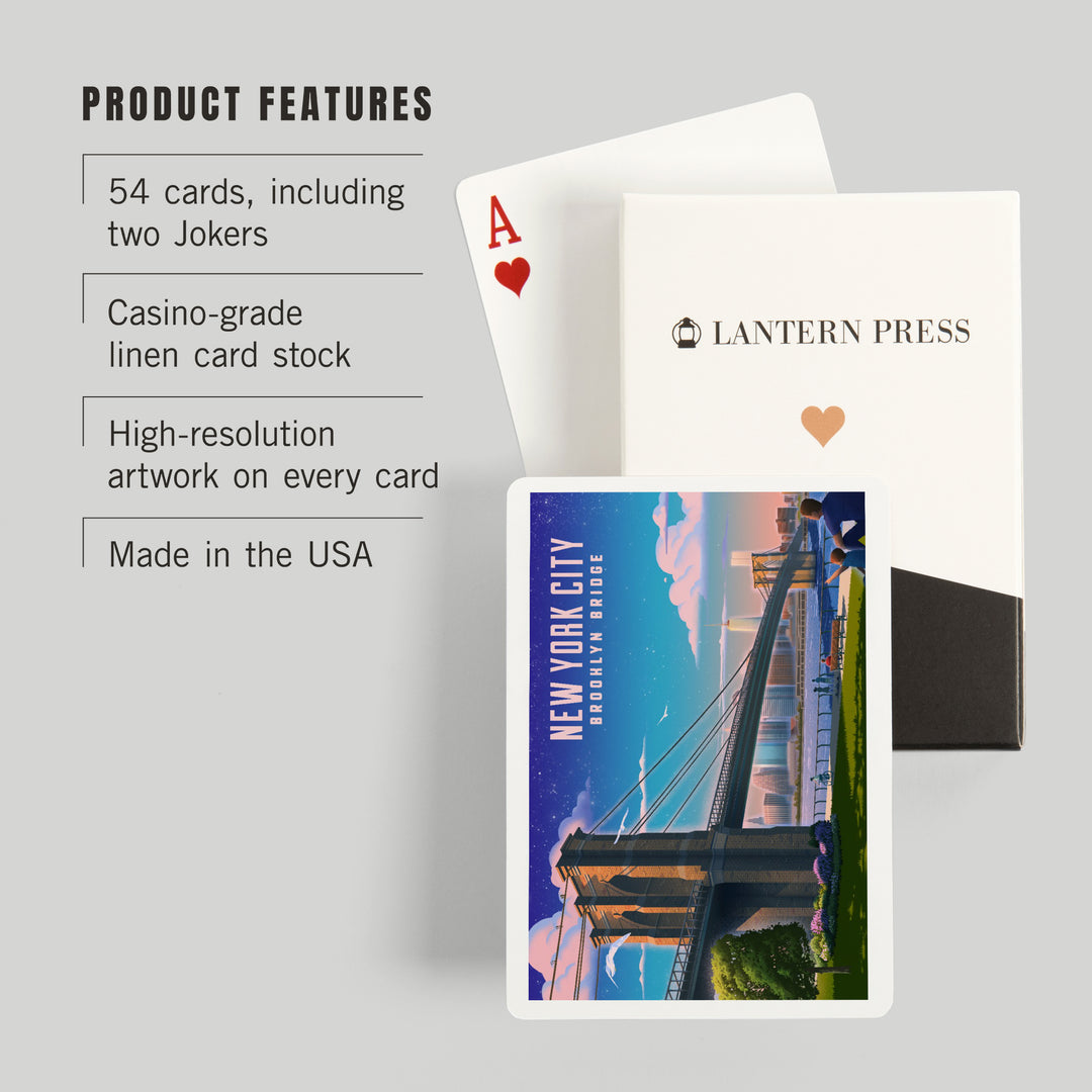 Playing Cards, New York City, New York, Lithograph, Brooklyn Bridge at Dusk, 52 Card Deck with Jokers in Box, Unique Art