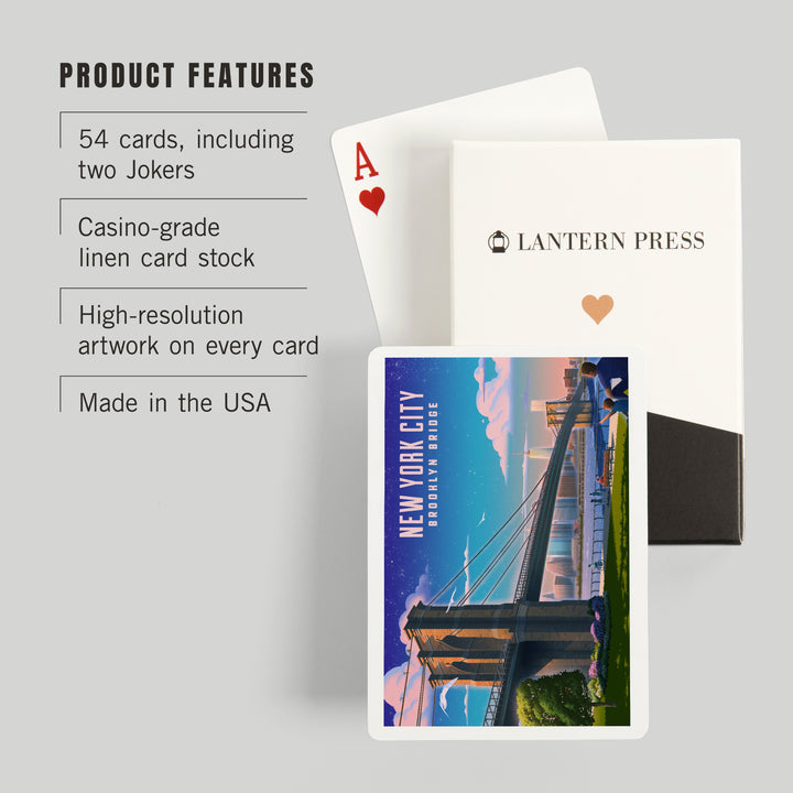 Playing Cards, New York City, New York, Lithograph, Brooklyn Bridge at Dusk, 52 Card Deck with Jokers in Box, Unique Art