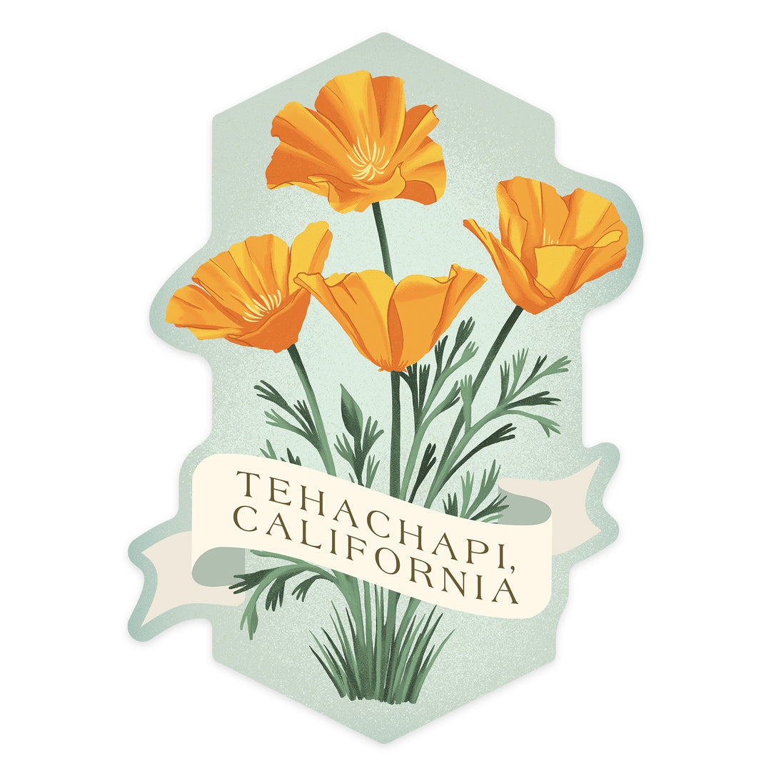 Tehachapi, California, Vintage Flora, State Series, California Poppy, Contour, Vinyl Sticker