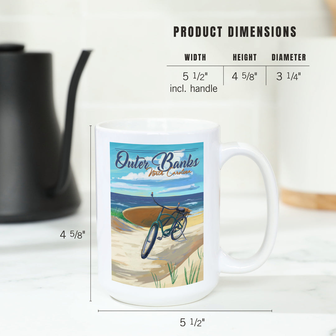 Outer Banks, North Carolina, Beach Cruiser on Beach, Lantern Press Artwork, Ceramic Mug
