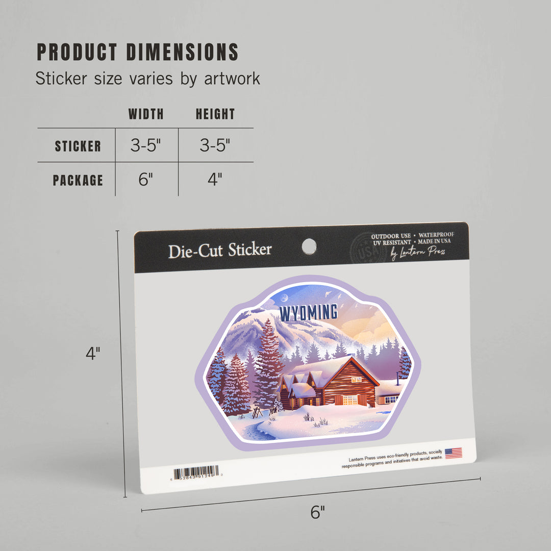 Wyoming, Lithograph, Mountain Lodge, Winter Scene, Vinyl Sticker
