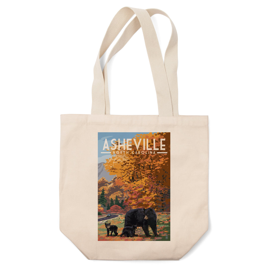 Asheville, North Carolina, Bear Family, Lantern Press Artwork, Tote Bag