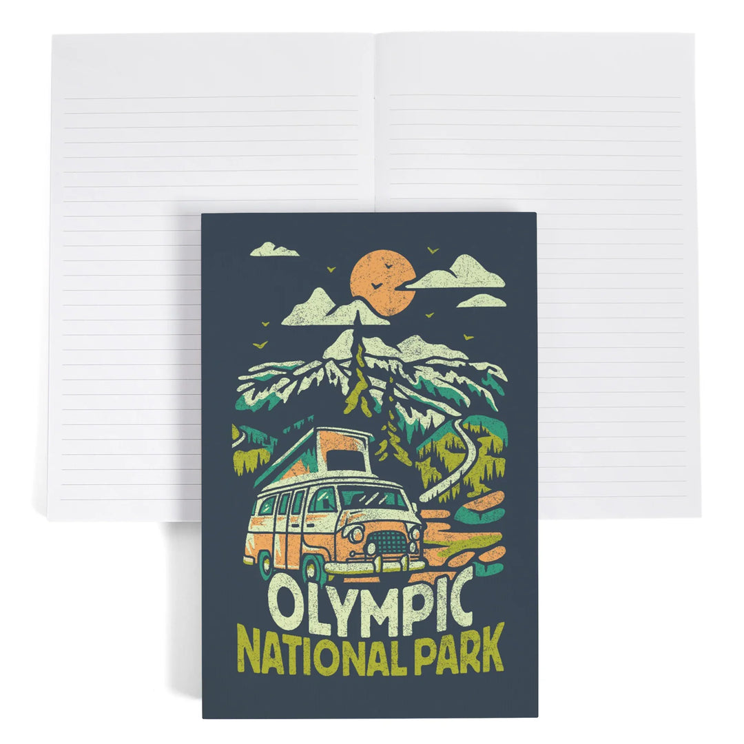 Lined 6x9 Journal, Olympic National Park, Distressed, Camper Van in Mountains, Lay Flat, 193 Pages, FSC paper