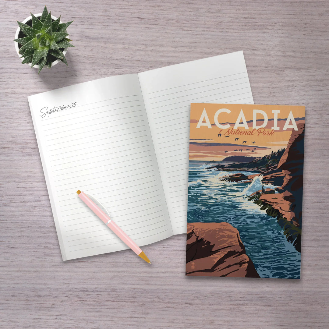 Lined 6x9 Journal, Acadia National Park, Maine, Mount Desert Island Illustration, Lay Flat, 193 Pages, FSC paper