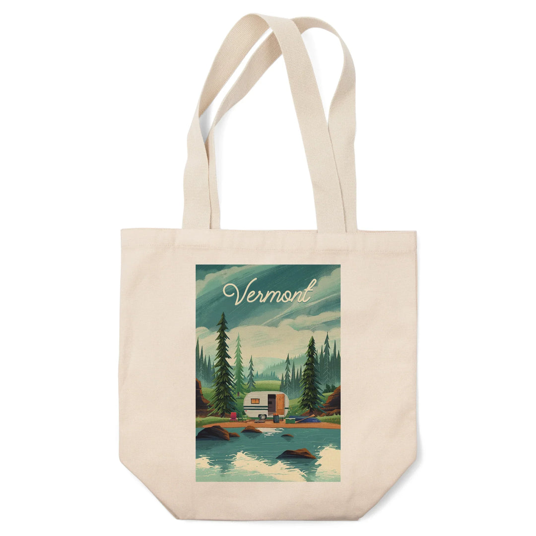 Vermont, Get Outside, At Home Anywhere, Camper in Evergreens, Tote Bag