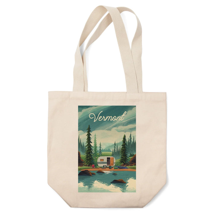 Vermont, Get Outside, At Home Anywhere, Camper in Evergreens, Tote Bag