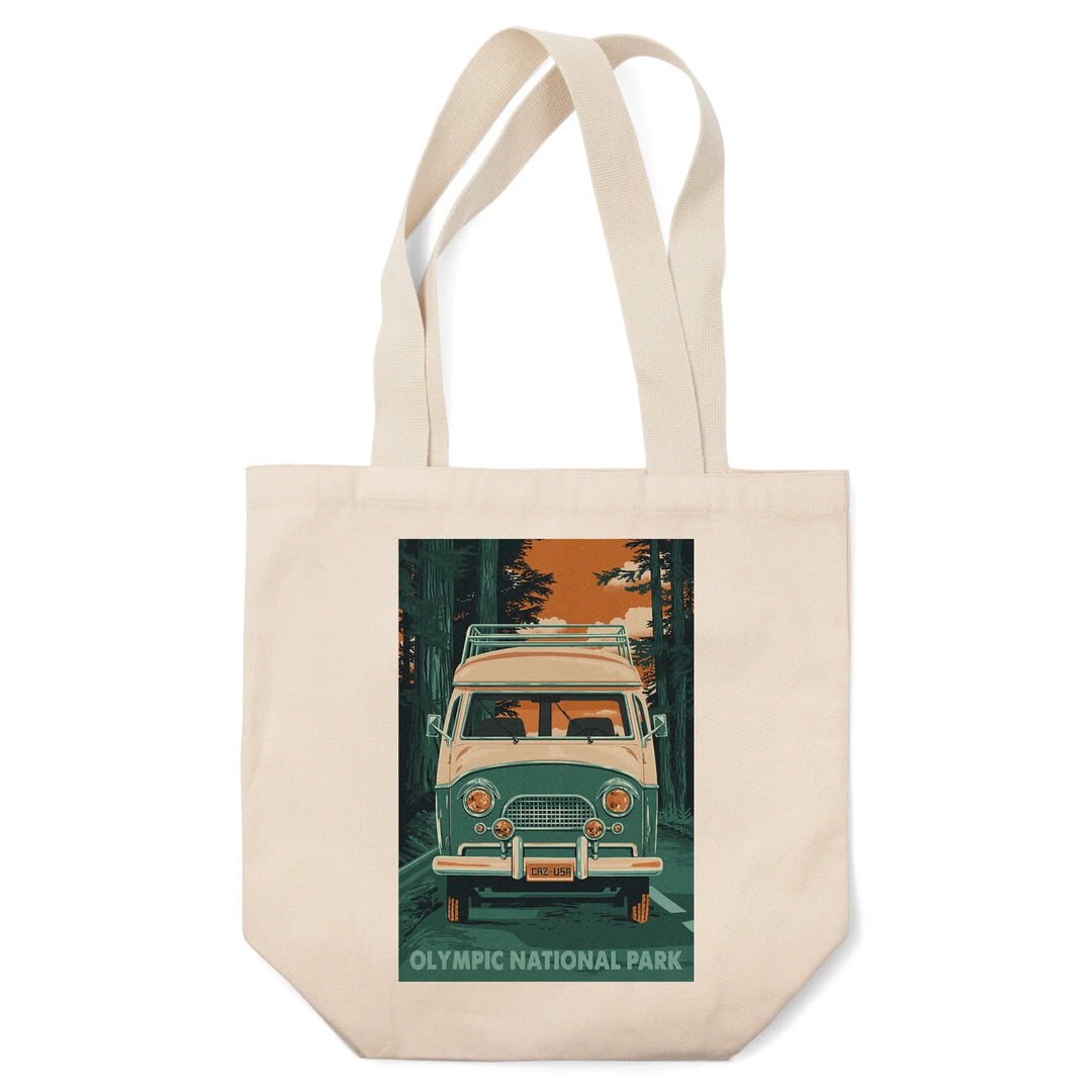 Olympic National Park, Letterpress, Camper Van, Tote Bag