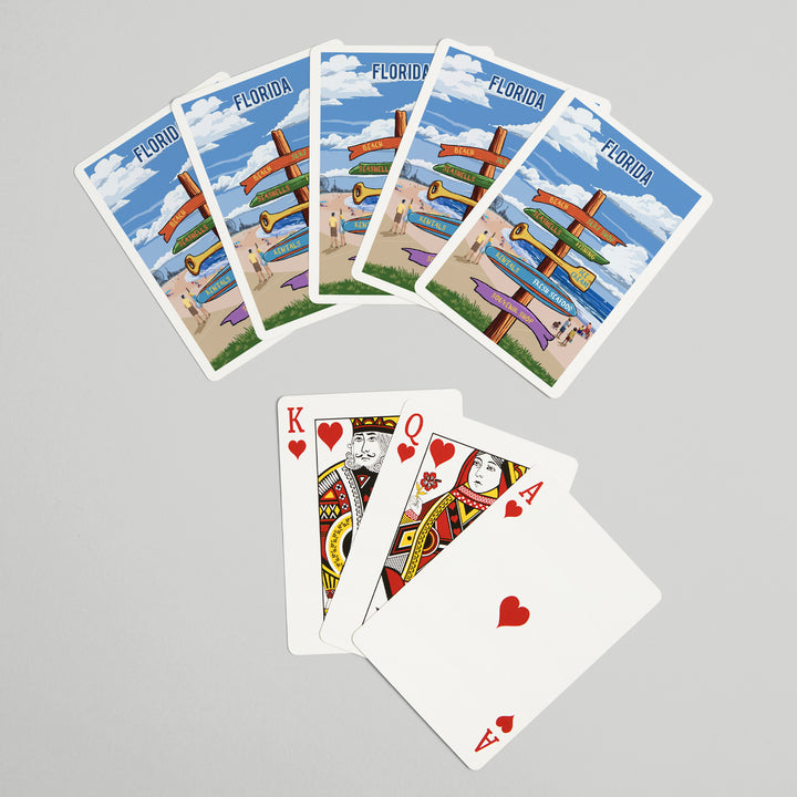 Playing Cards, Florida, Signpost, East Coast Beach with Pier, 52 Card Deck with Jokers in Box, Unique Art