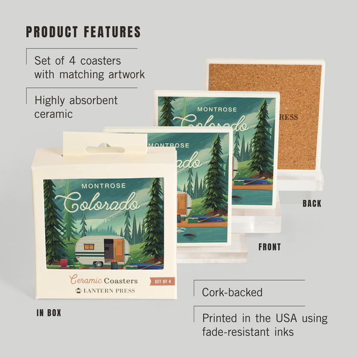 Montrose, Colorado, Outdoor Activity, At Home Anywhere, Camper in Evergreens ceramic coaster set