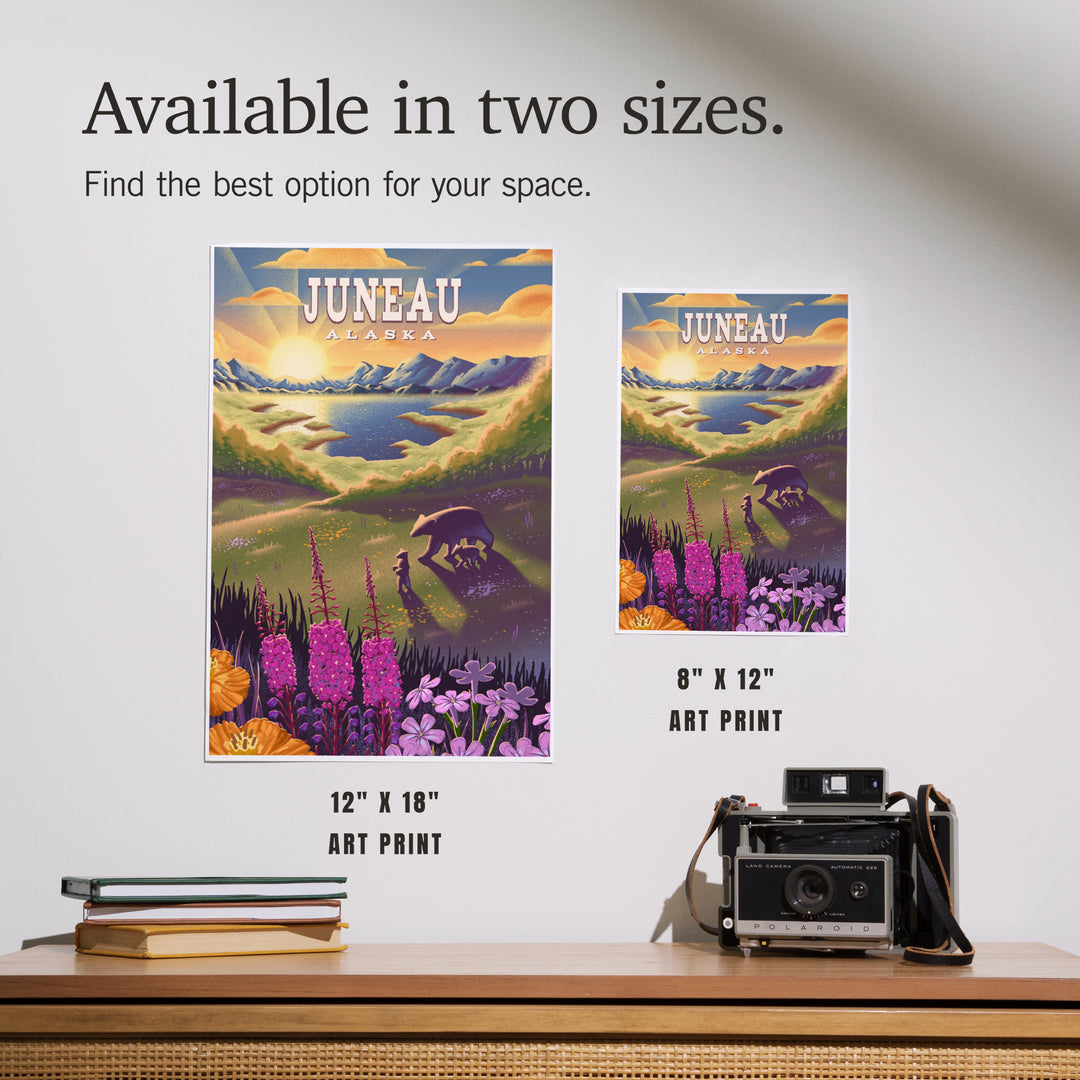 Juneau, Alaska, Bear and Spring Flowers Litho, Art & Giclee Prints