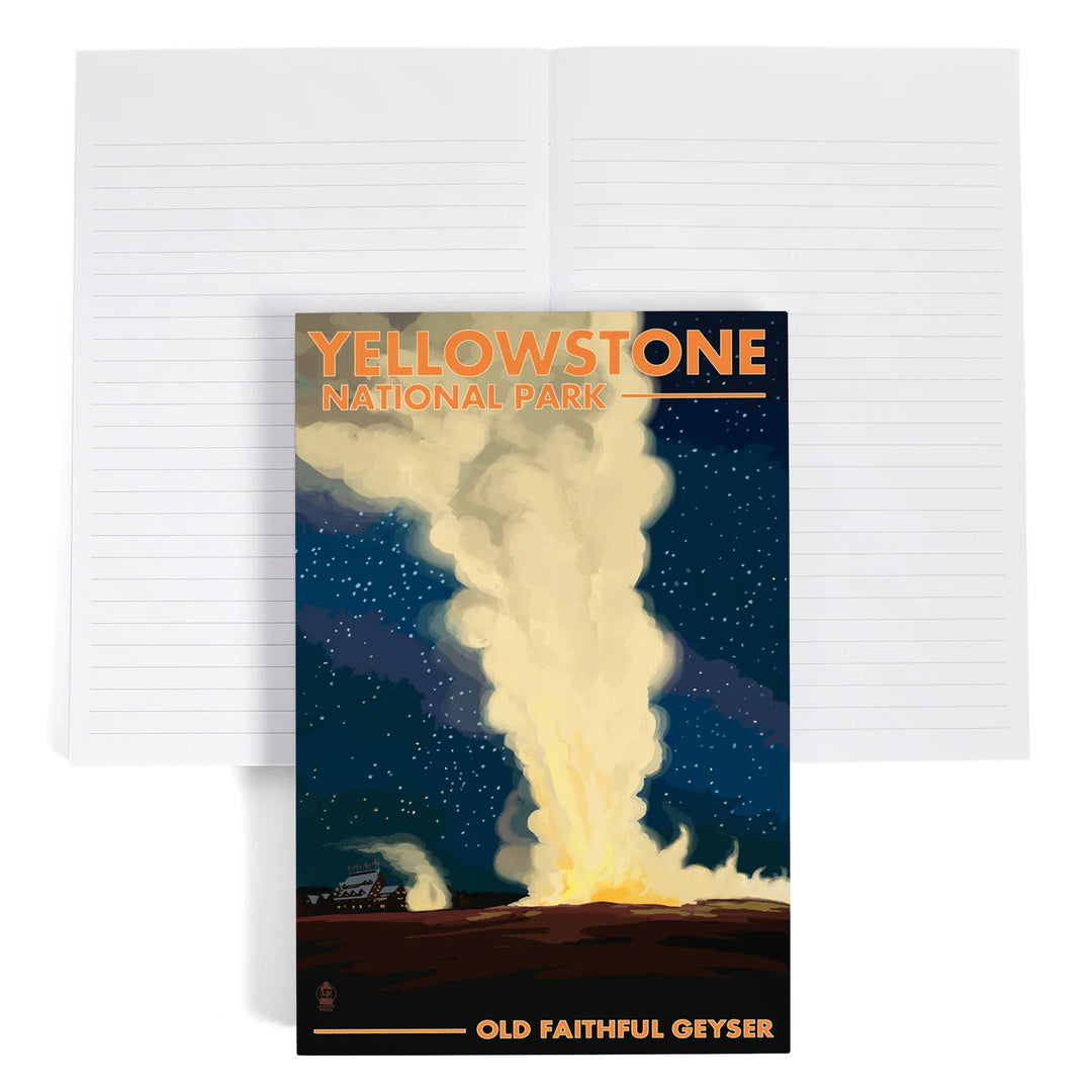 Lined 6x9 Journal, Yellowstone National Park, Wyoming, Old Faithful at Night, Lay Flat, 193 Pages, FSC paper
