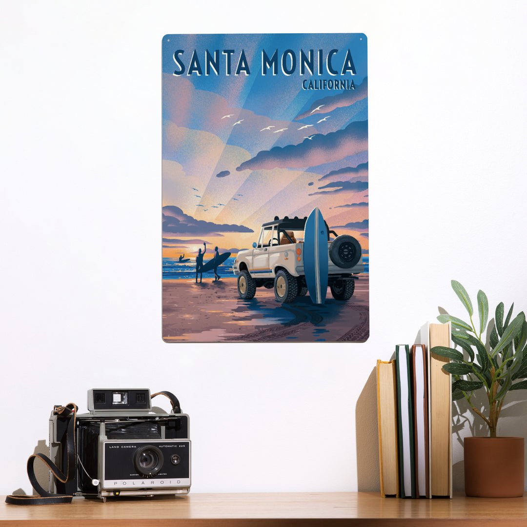 Santa Monica, California, Lithograph, Wake Up! Surf's Up!, Surfers on Beach, Metal Signs