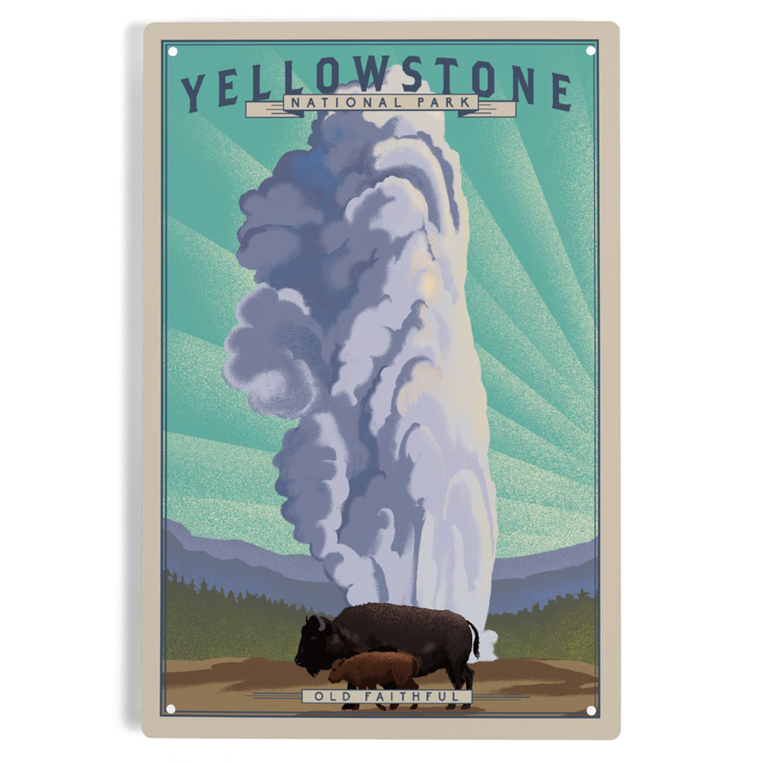 Yellowstone National Park, Wyoming, Old Faithful and Bison, Lithograph National Park Series, Metal Signs