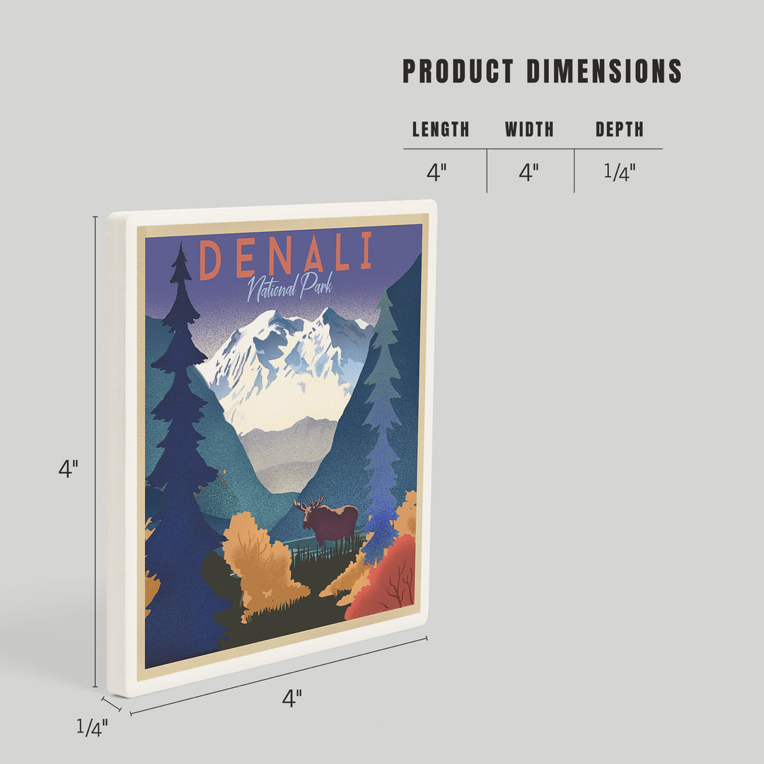 Denali National Park, Alaska, Mountain Scene, Lithograph, Coasters