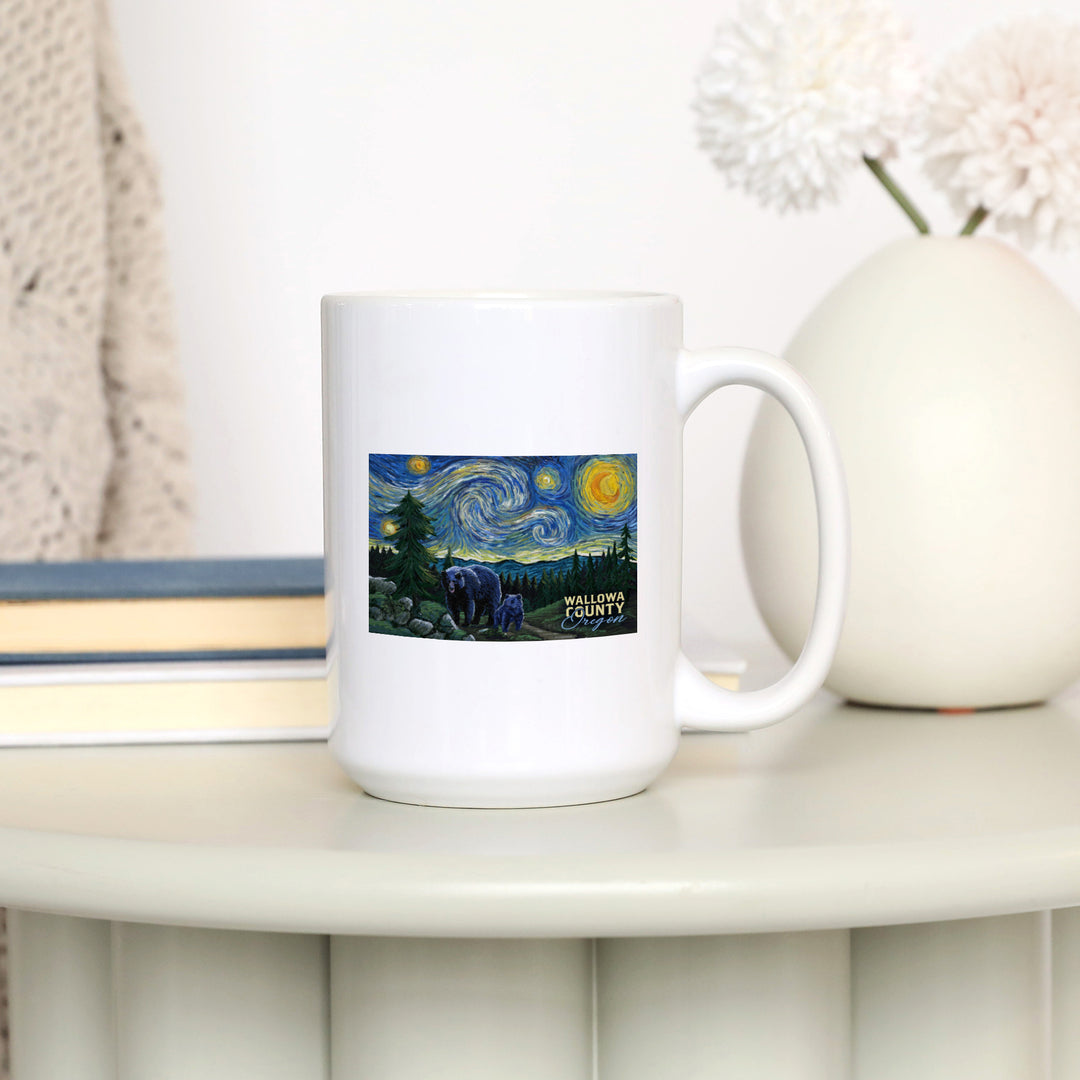 Wallowa Lake, Oregon, Bear, Starry Night, Lantern Press Artwork, Ceramic Mug