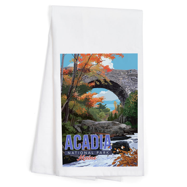 Acadia National Park, Maine, Stone Bridge Illustration, Organic Cotton Kitchen Tea Towels
