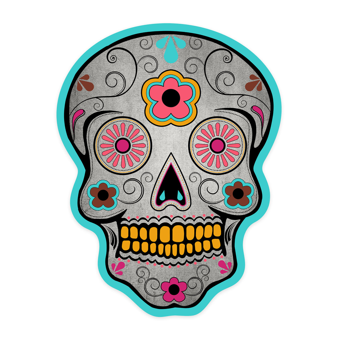 Day of the Dead, Sugar Skull (Pink & Teal), Contour, Lantern Press Artwork, Vinyl Sticker